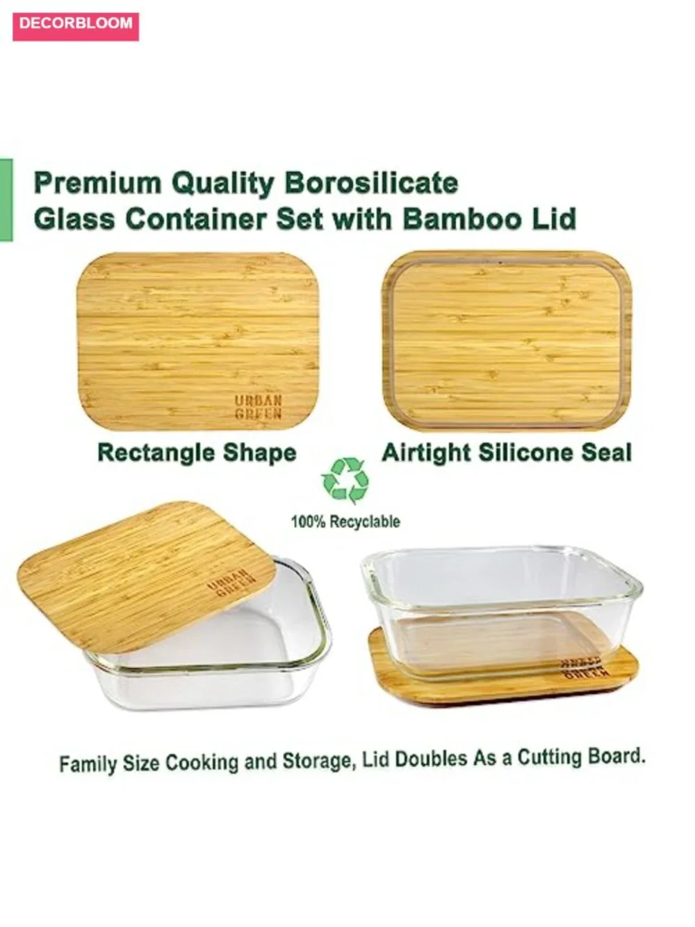 XXL Borosilicate Glass Food Storage Containers 2 Pack with Bamboo Lids